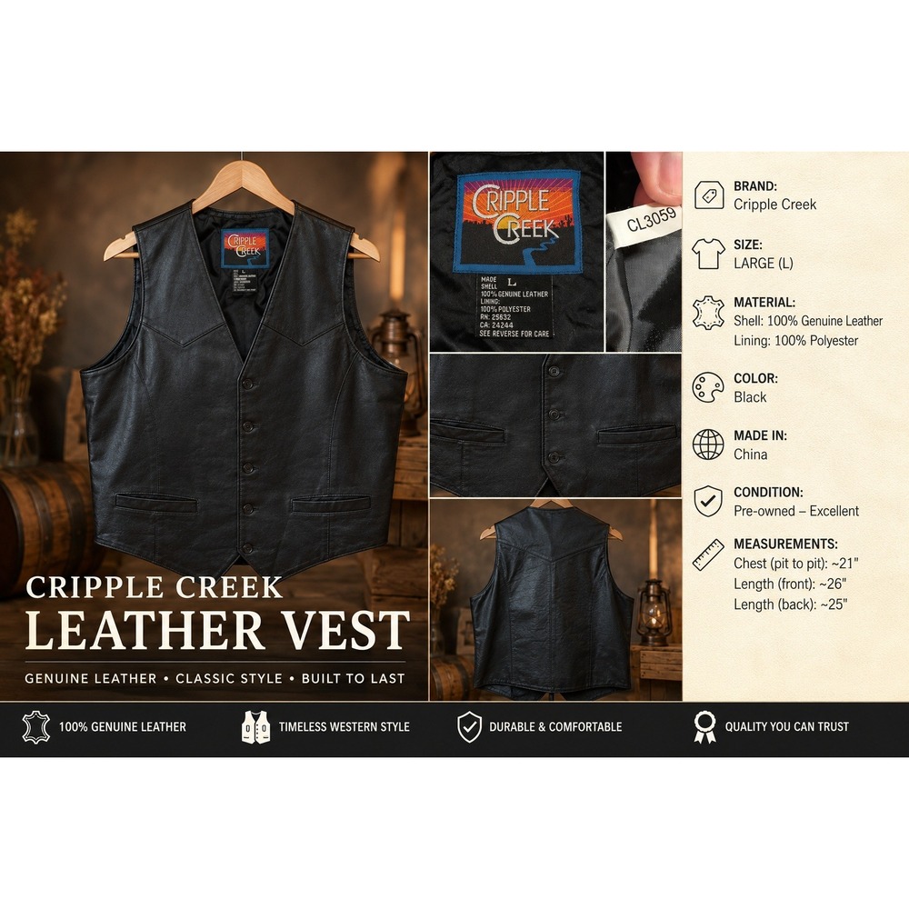 Cripple Creek Mens Black Genuine Leather Western Vest Size L CL3059